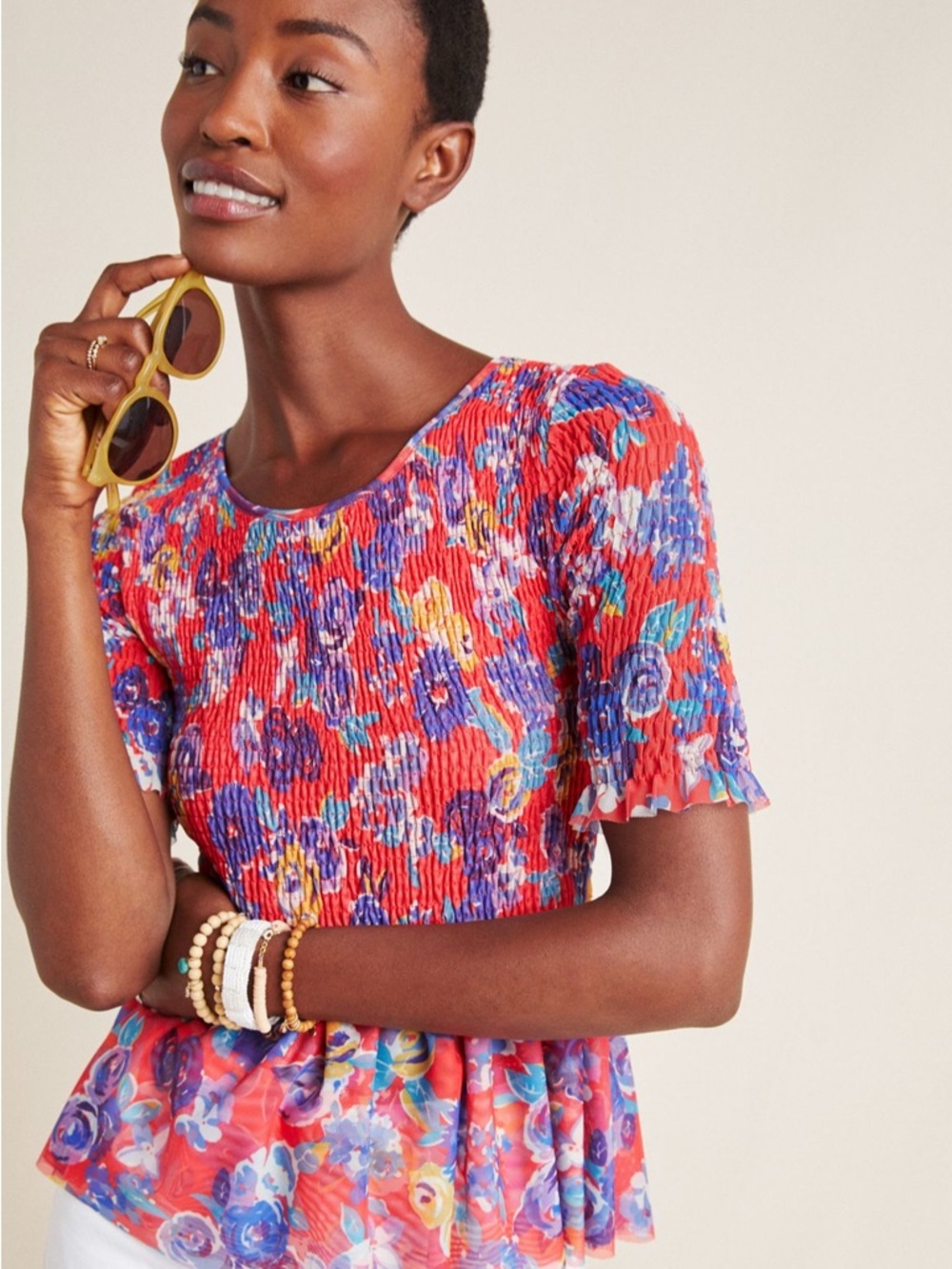 Anthropologie Maeve Ashton Smocked Floral Mesh Peplum Stretch Top Red XS